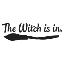 The witch is in . (over top of black broom)