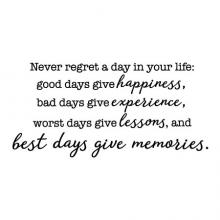 Never regret a day in your life: good days give happines, bad days give experience, worst days give lessons, and best days give memories wall quotes vinyl lettering wall decal regrets no regrets every day to its fullest