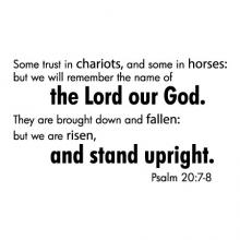 Some trust in chariots, and some in horses: but we will remember the name of the Lord our God. They are brought down and fallen: but we are risen, and stand upright. Psalm 20:7-8 wall quotes vinyl lettering wall decal home decor faith religious bible 