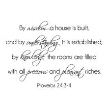 By wisdom a house is built, and by understanding it is established; by knowledge the rooms are filled with all precious and pleasant riches. Proverbs 24:3-4  wall quotes vinyl lettering wall quotes home decor religious bible verse faith christian