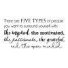 There are five types of people you want to surround yourself with: the inspired, the passionate, the motivated, the grateful, and the open minded.  wall quotes vinyl lettering wall decal home decor vinyl stencil office professional hr work from home desk 